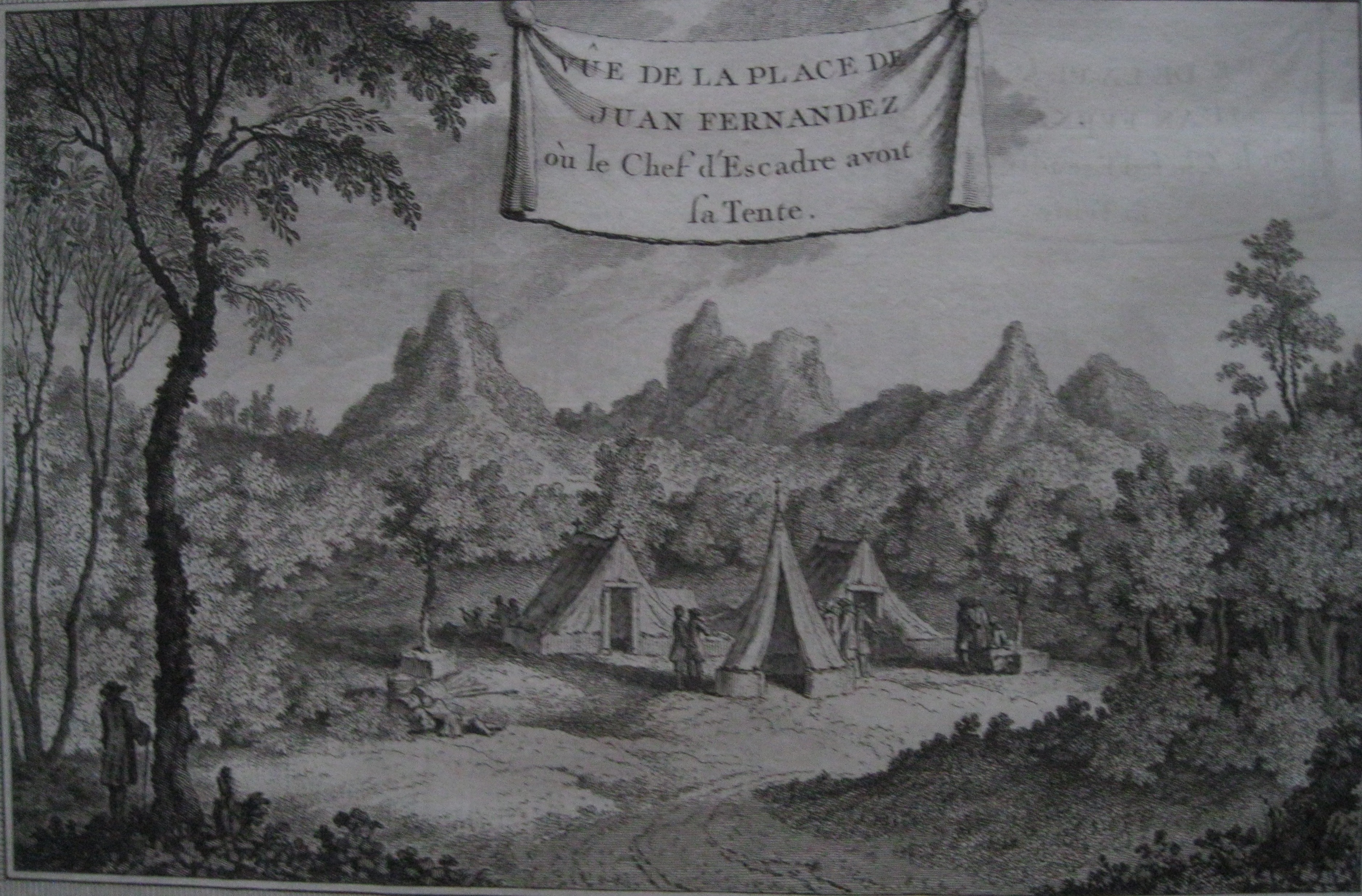 Grabado del campamento del capitán Cook, en la isla de Juan Fernández, Chile, 1760. Bellin